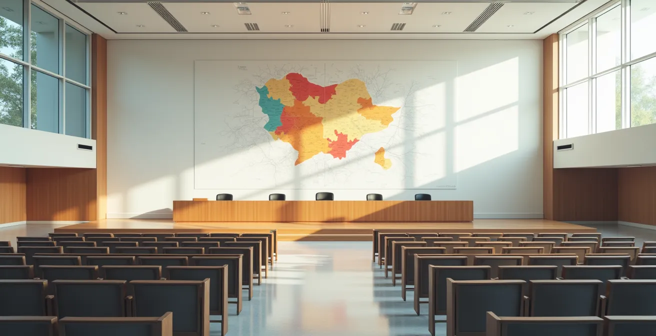 Salle de conseil municipal avec documents de zonage et carte territoriale