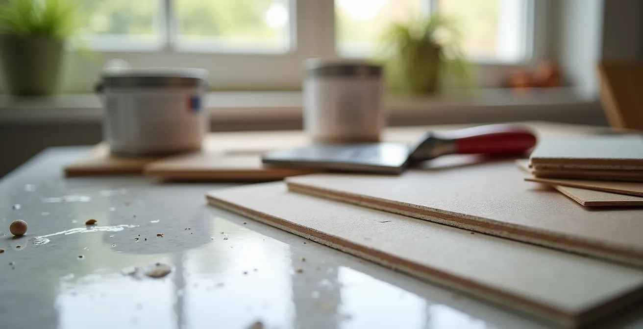 Intérieur d'un appartement en rénovation avec matériaux de qualité moyenne adaptés au marché local