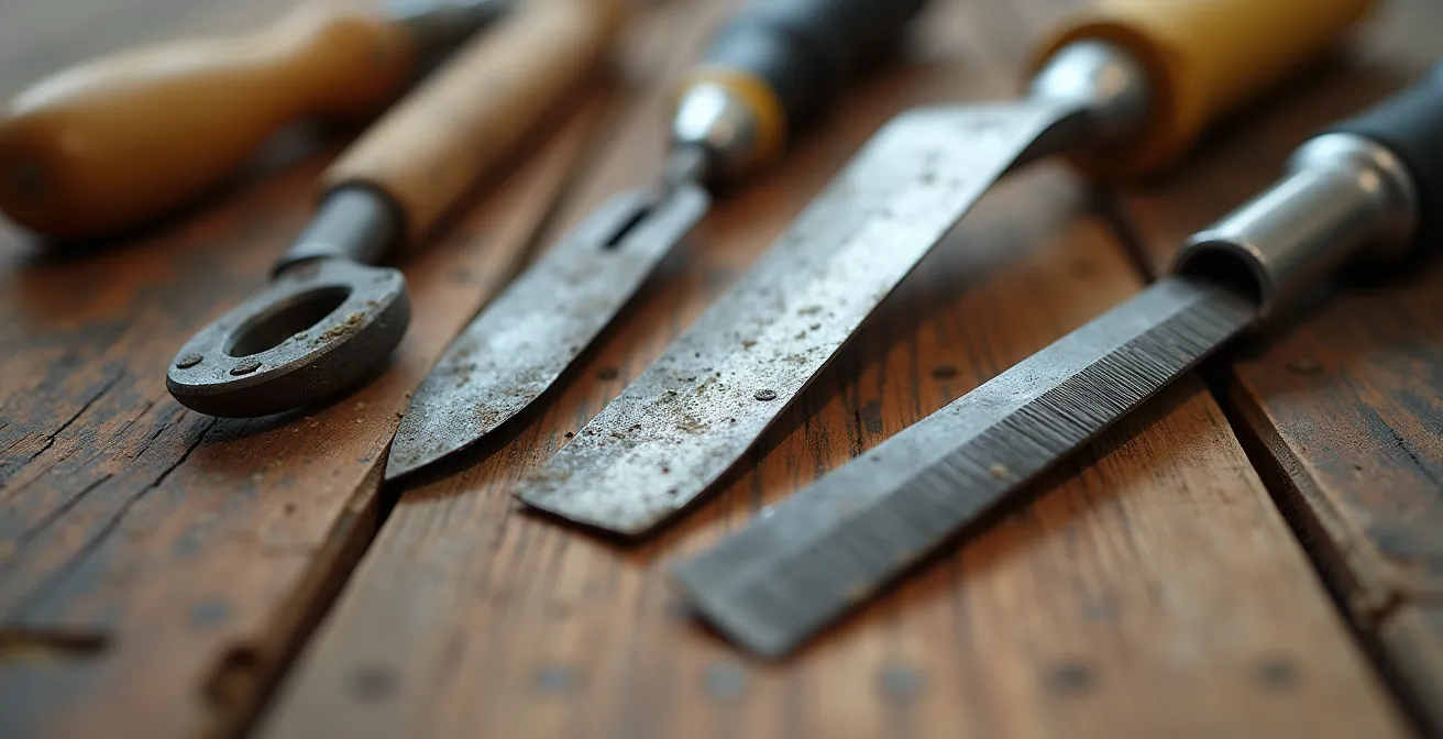 Détail macro d'outils de rénovation sur bois ancien avec textures visibles