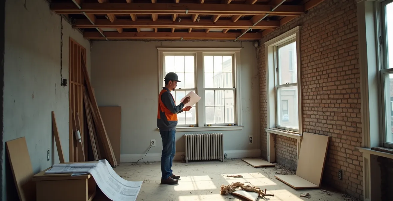 Intérieur d'une shoebox montréalaise en cours de rénovation avec plans d'architecte et matériaux nobles imposés