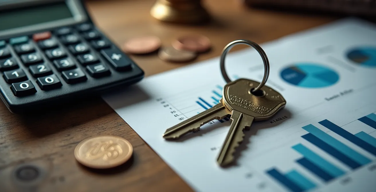 Bureau avec calculatrice, graphiques de rentabilité et clés de propriété