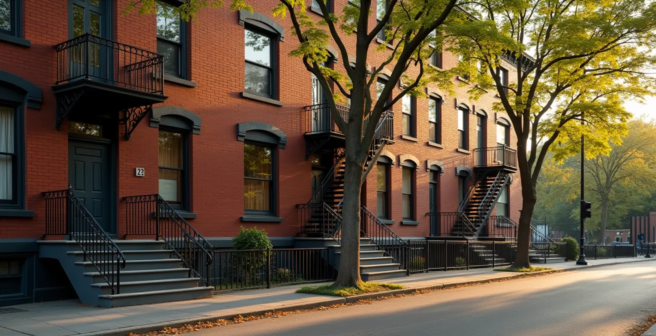Vue aérienne d'un triplex typique du quartier Villeray à Montréal avec architecture caractéristique
