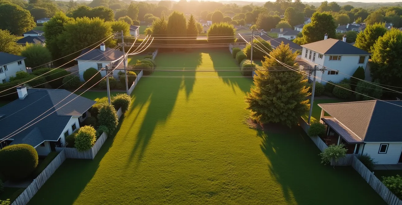 Vue aérienne d'un terrain résidentiel montrant l'emprise d'une ligne électrique Hydro-Québec avec zone de servitude délimitée