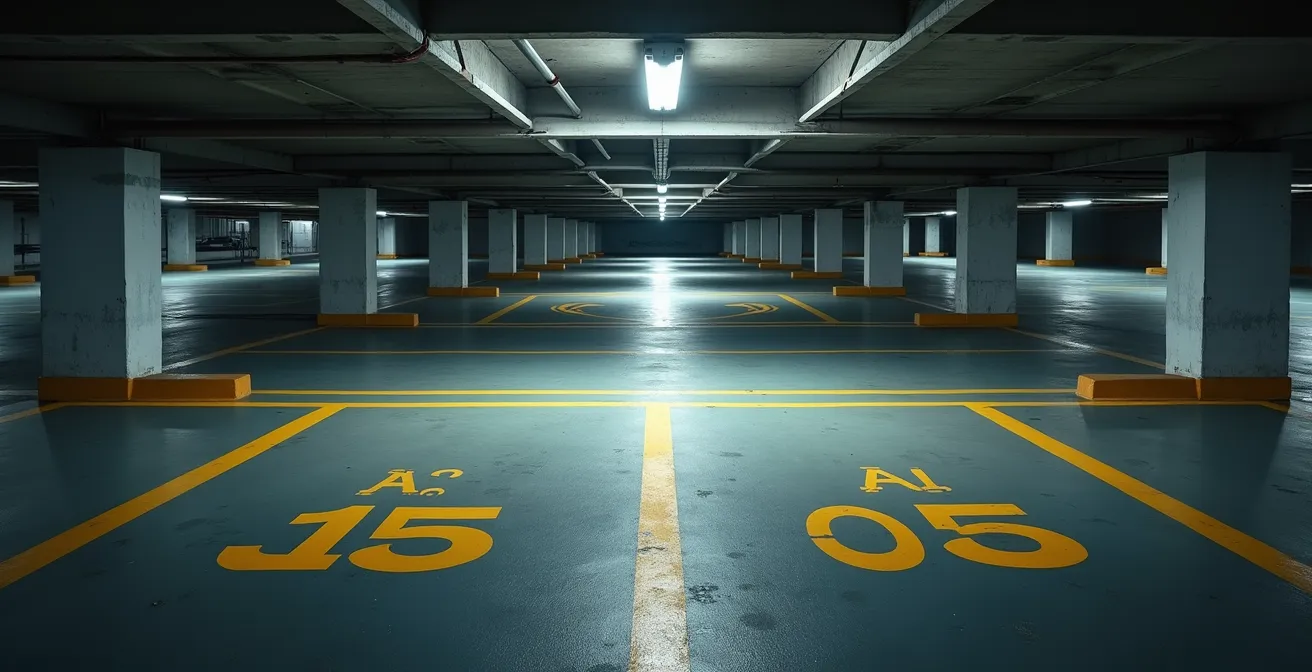Vue en perspective d'un stationnement souterrain d'immeuble avec espaces numérotés et éclairage moderne