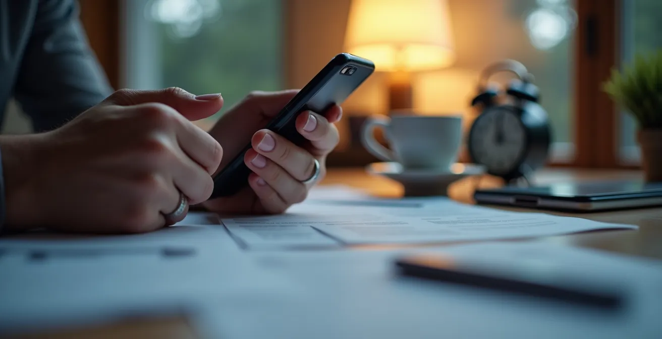Personne tenant un téléphone avec une expression anxieuse, symbolisant le stress d'une offre d'achat immobilière.