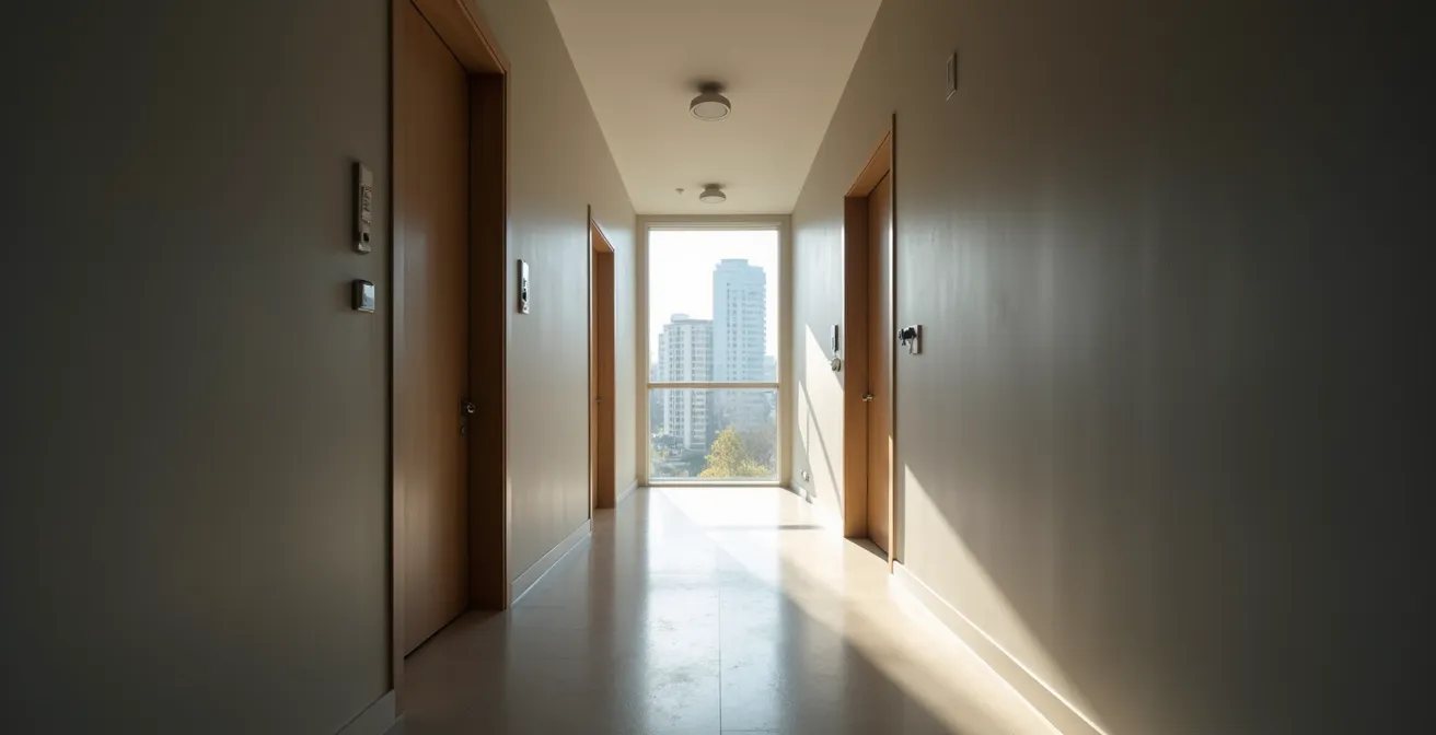 Caméra de surveillance discrète dans un couloir d'immeuble en copropriété