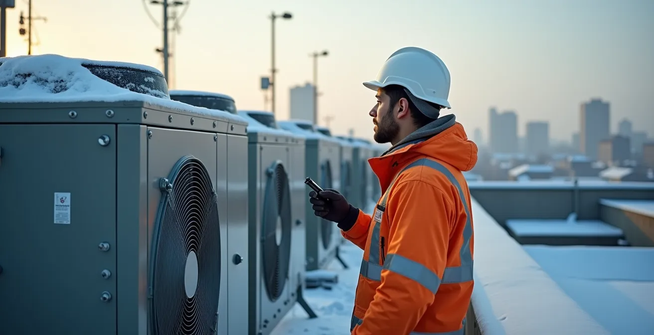 Unités de ventilation sur le toit d'un bâtiment commercial en hiver