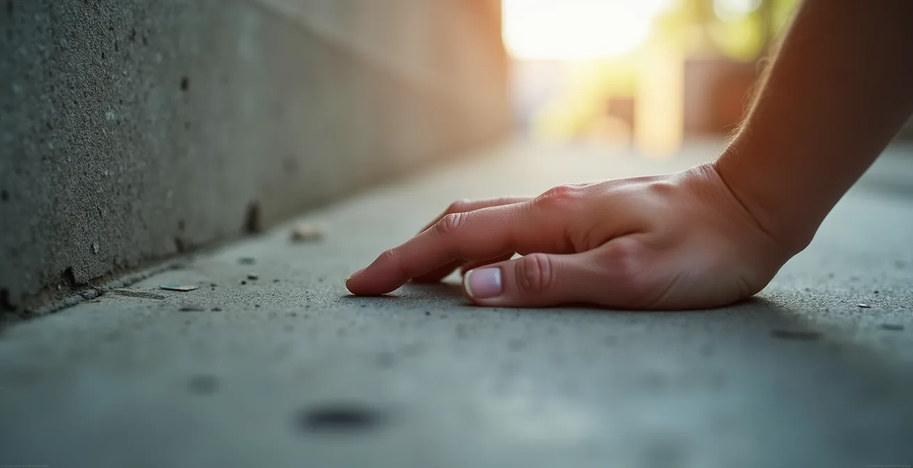 Personne testant l'acoustique dans un condo en posant la main sur un mur en béton texturé.