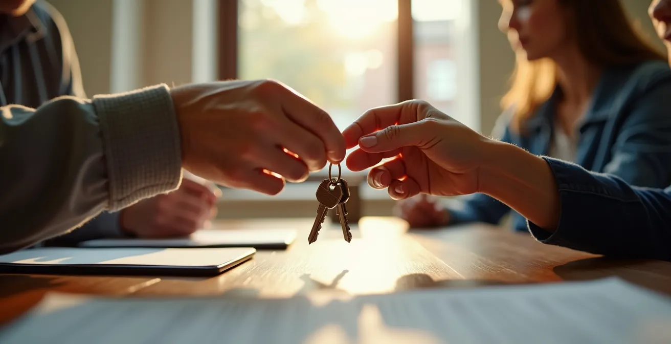 Couple signant des documents de transfert de propriété avec notaire en arrière-plan flou