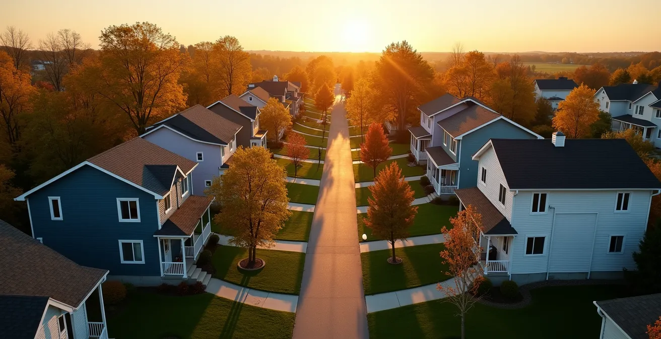 Vue aérienne d'un quartier de banlieue québécois montrant l'évolution vers une densification douce