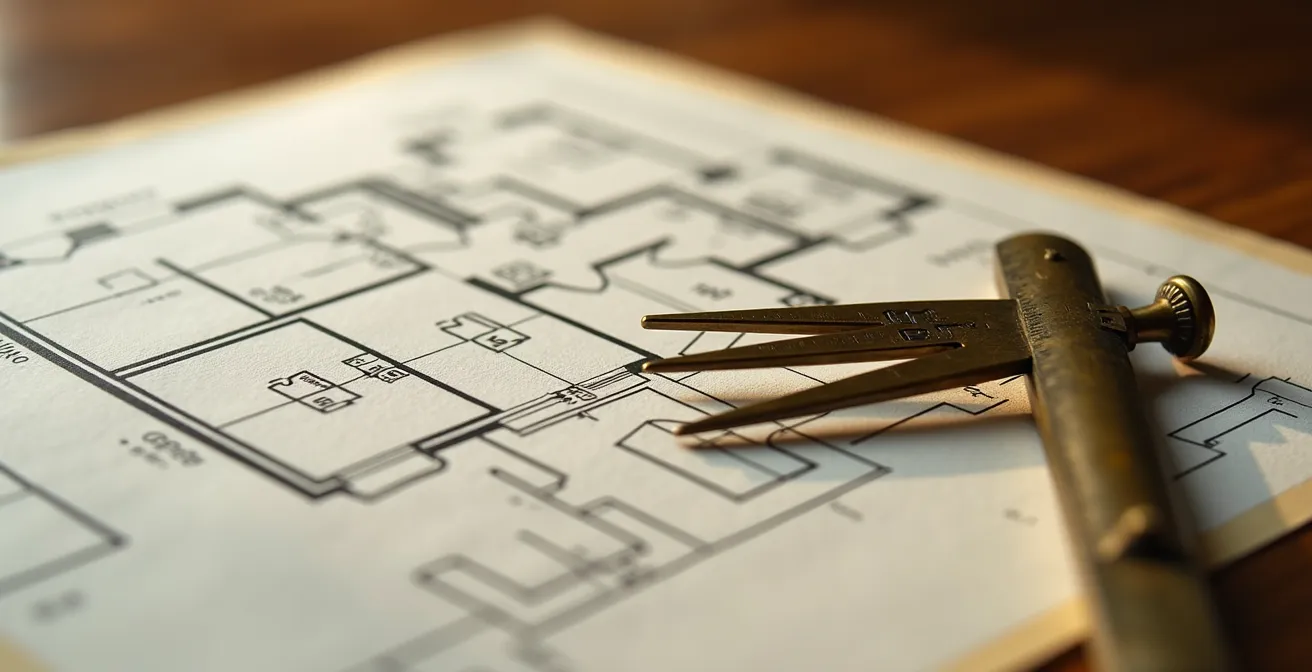 Vue macro détaillée de plans architecturaux avec compas et règle d'arpenteur