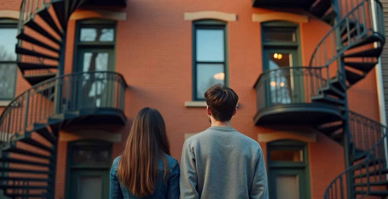 Façade d'un triplex typique montréalais avec escaliers extérieurs