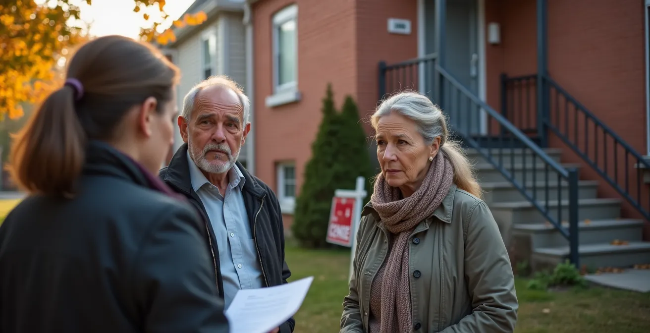Couple de propriétaires discutant avec un agent immobilier devant une maison avec panneau à vendre