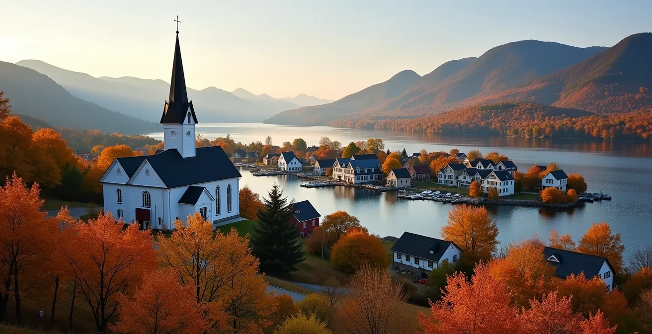 Village pittoresque des Laurentides avec église et maisons traditionnelles autour d'un lac